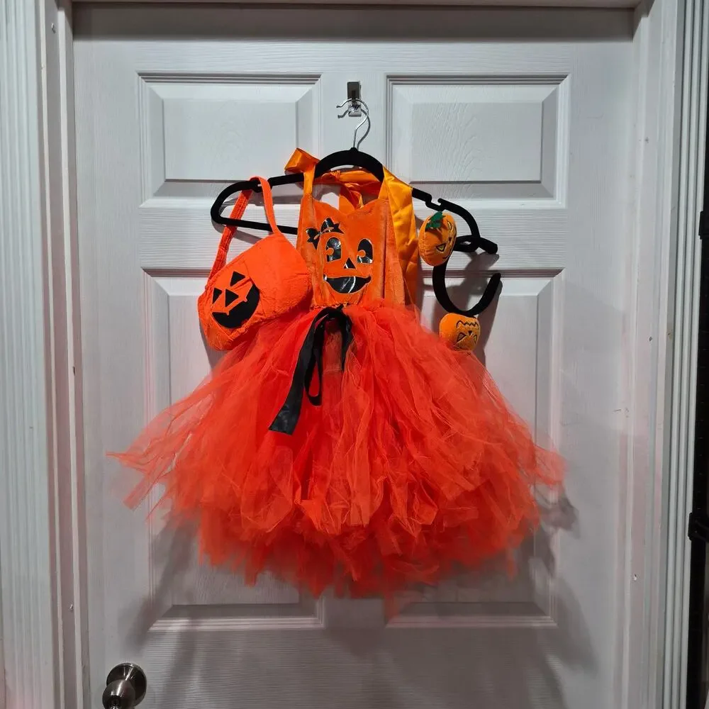 NEW Girls Halloween Pumpkin Dress Costume Tutu Cosplay Fancy Princess sz 4-5 yrs